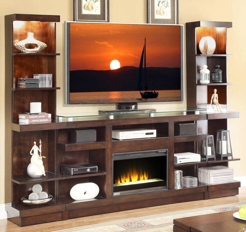 Legends Furniture Novella Entertainment Center with Fireplace and Bookcase Piers | Darvin Furniture | Wall Unit Shop for the Legends Furniture Novella Fireplace Entertainment Center at Darvin Furniture - Your Orland Park